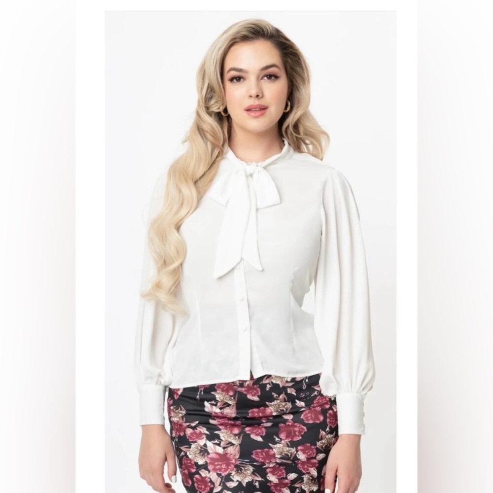 NWT Unique Vintage White Neck Tie Gwen Blouse XL 14